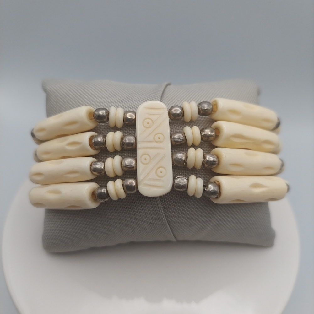 Handcarved Bovine Bone & Beads Bracelet 7.5/8, Vtg, GC.